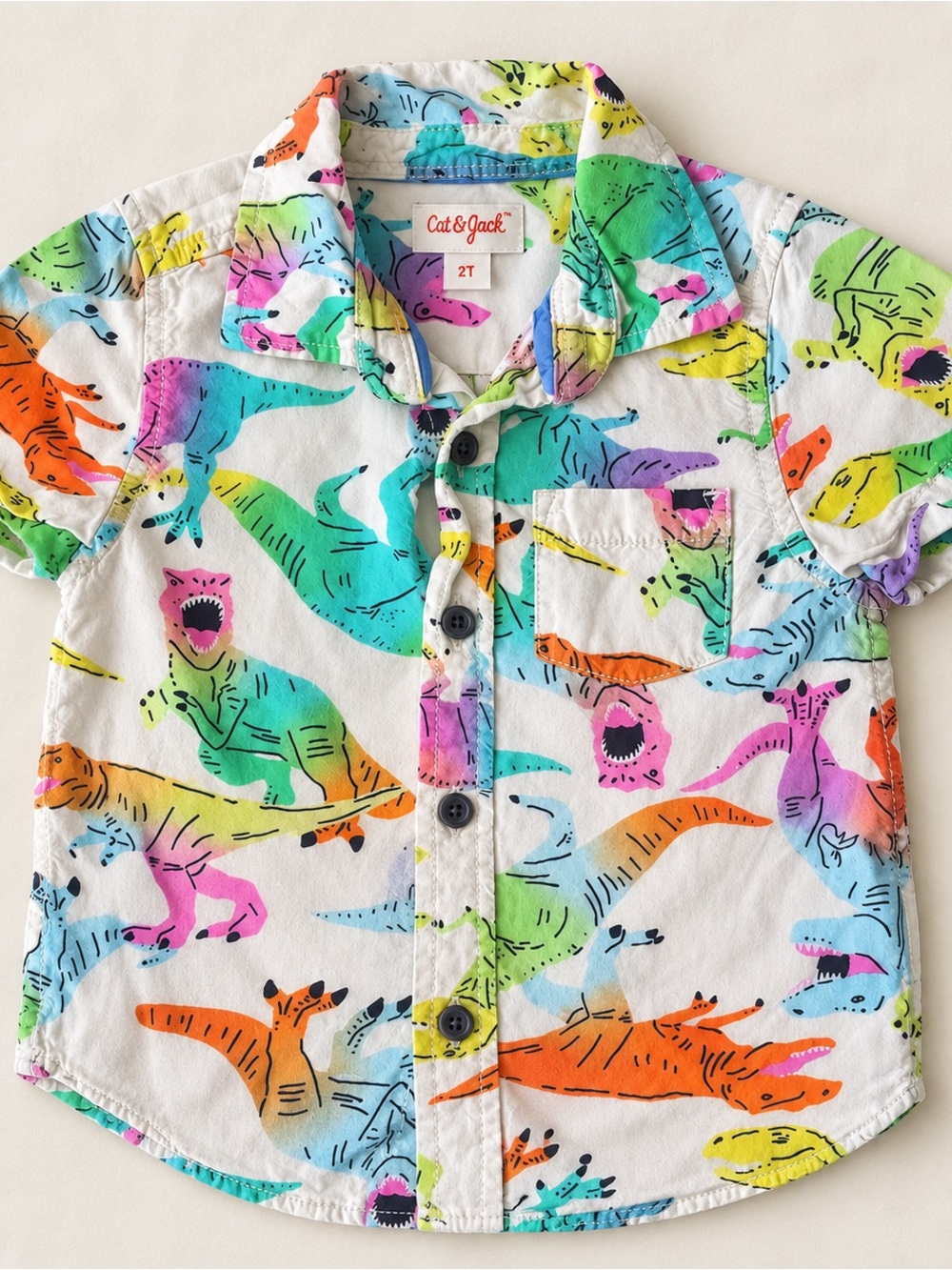 Cat & Jack White Short-Sleeve Button-Down Shirt with Rainbow Dinosaur Print